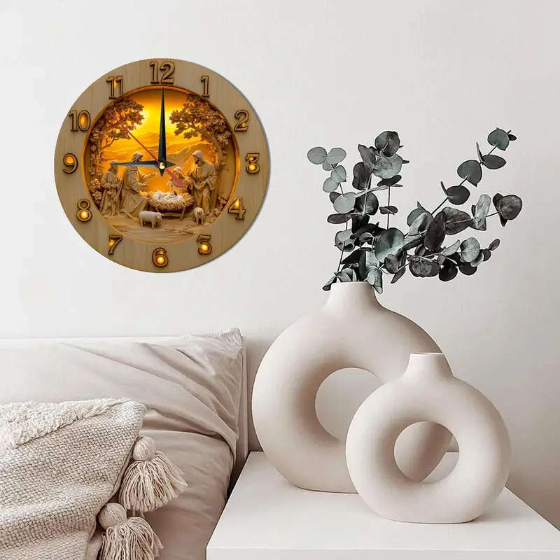 1pc 2D Vintage Wooden Round Wall Clock Featuring a Nativity Scene Designed in a Cottage Style for Ho