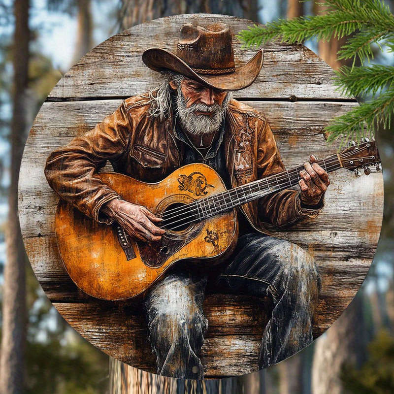 1pc  Rustic Guitar Player Metal Sign Vintage Denim Guitar Wall Art Waterproof HD Print Pre