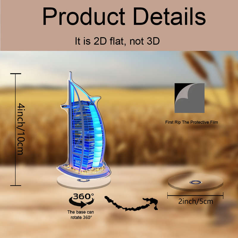 1pc 2D Flat    Acrylic Burj Al Arab Figurine with Rotating Base Modern Home Office Desktop