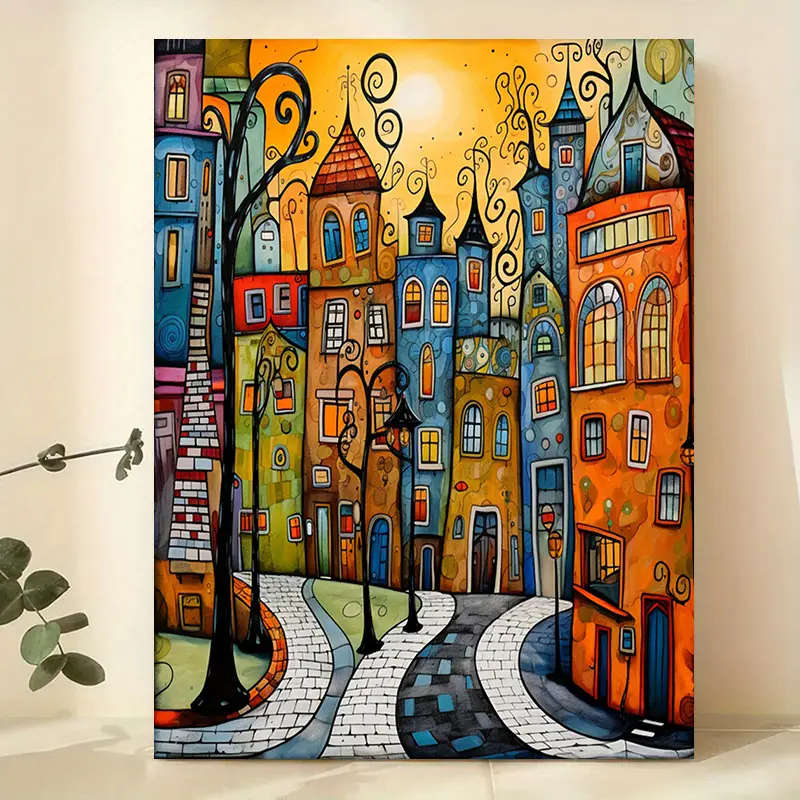 1pc Vibrant Frameless Canvas Art Print Whimsical Street Scene with Colorful Buildings Ideal for Fest