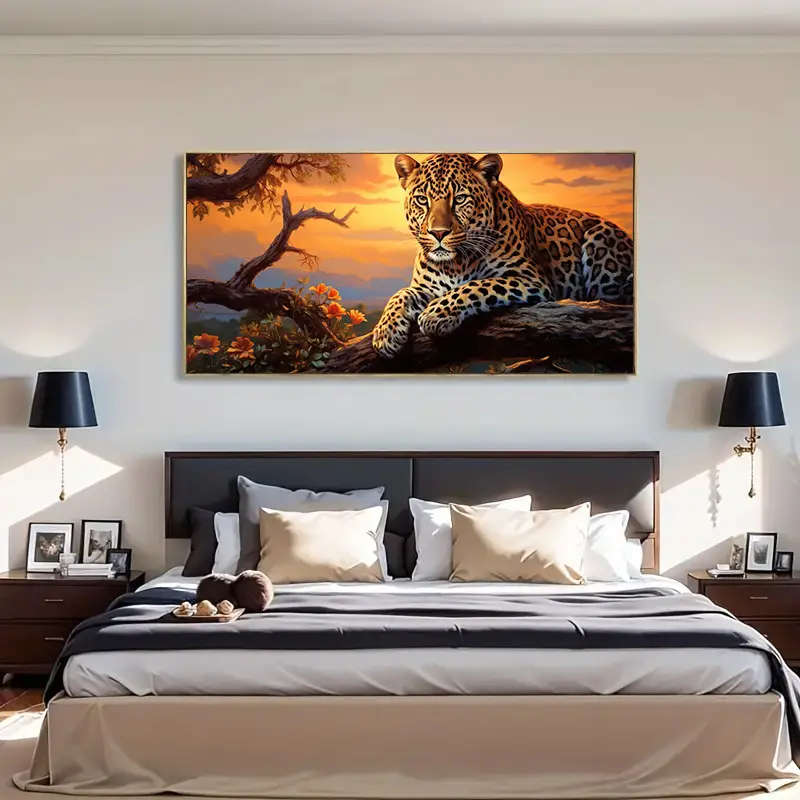 1pc Frameless Modern Abstract Canvas Painting Featuring a Sunset Leopard Design in Golden Suitable f