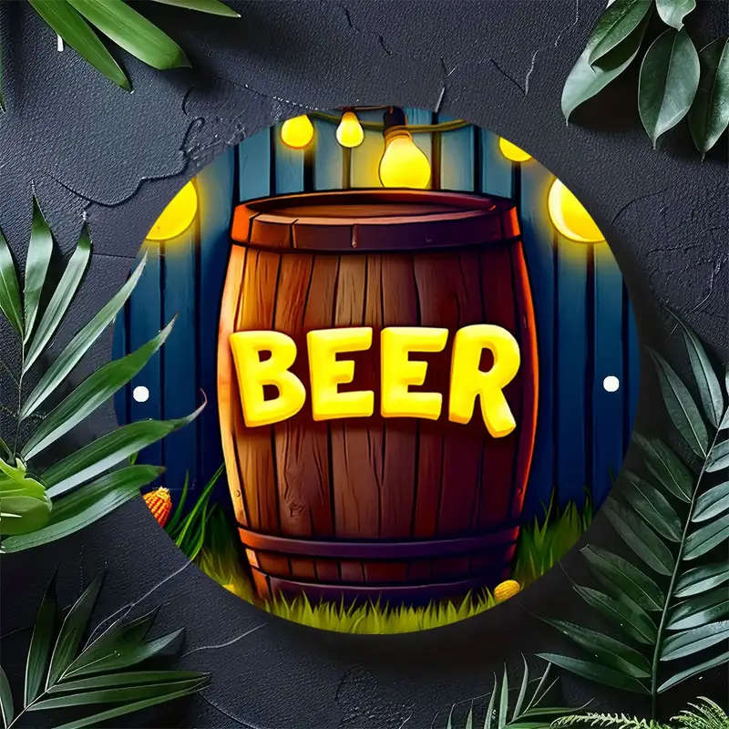 1pc BEER-Themed Neon Light-Up Barrel Wall Art - 19.81cm Round Aluminum Sign with Vibrant Colors Dura