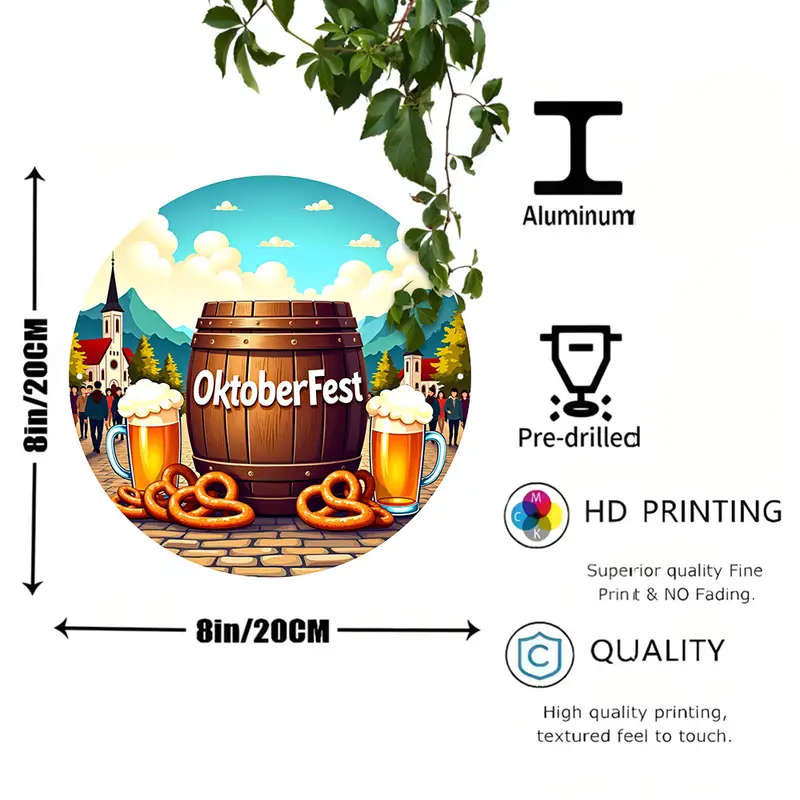 1pc Vintage Oktoberfest Aluminum Sign 20.32x20.32 cm Round Wall Hanging Decorative Plaque Multipurpo