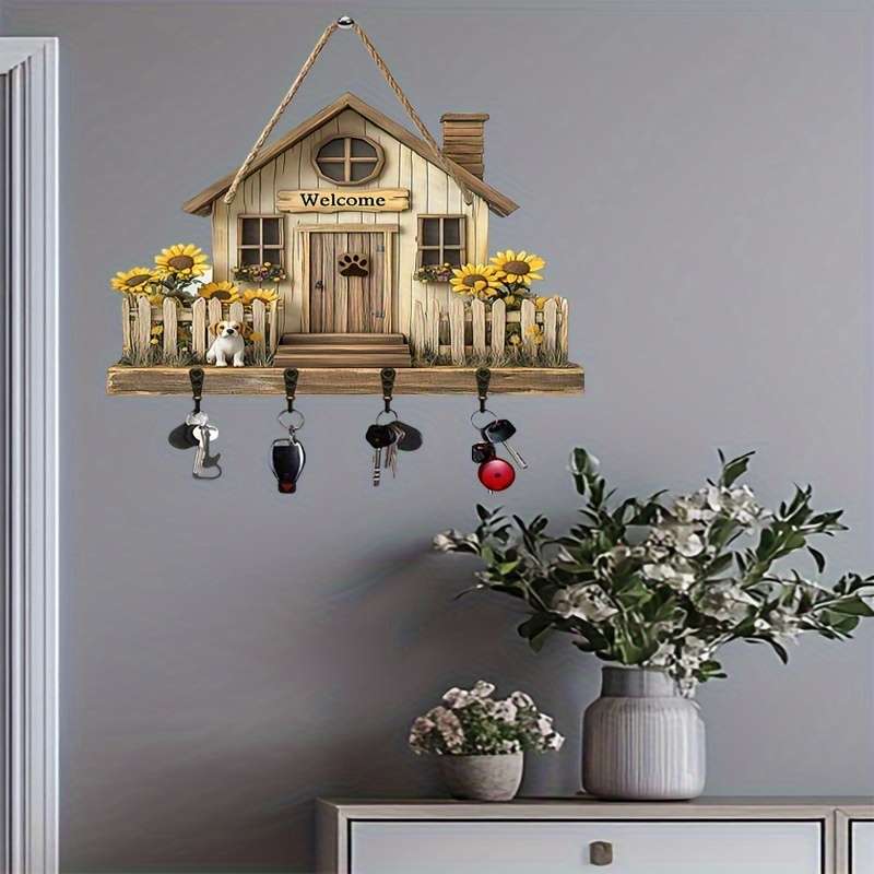 1pc Rustic Cottage  Dog Wooden Wall Art Key Holder with 4 Metal Hooks30.0cm x 24.99cm Farmhouse
