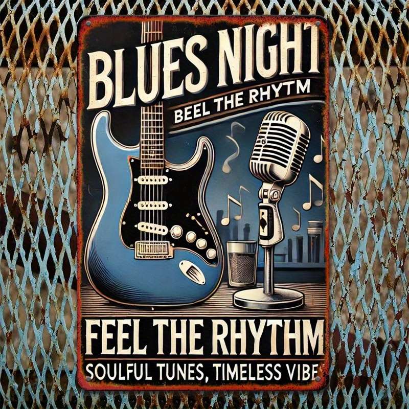 1pc Vintage Blues Night Feel the Rhythm Soulful Tunes Timeless Vibe Metal Wall Sign with Elec