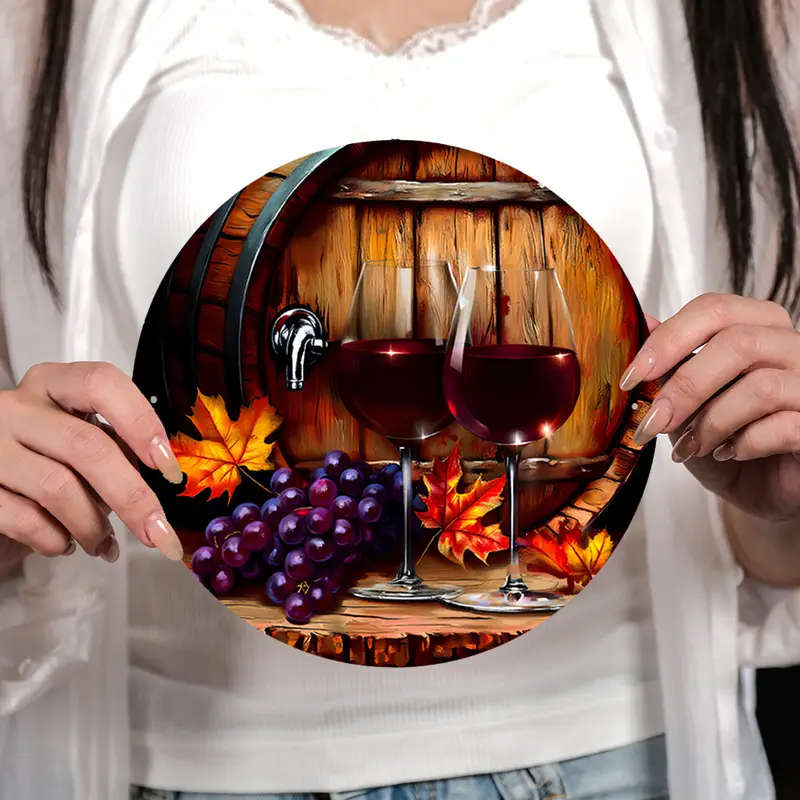 1pc Grapes and Red Wine Theme Decorative Painting Theme Round Aluminum Sign Wall Art Diameter 18.46c