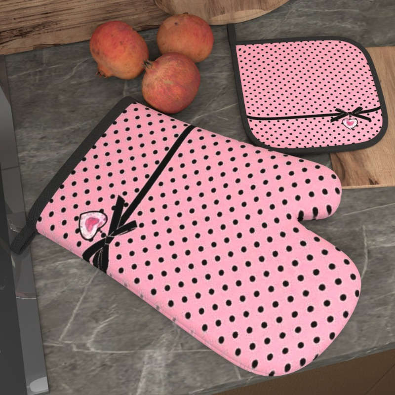 2pcs Chic Pink Polka Dot Oven Mitts Pot Holders with Heart Bow Detail Heat Resistant Machi