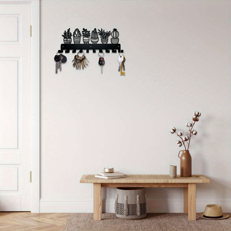 Contemporary Metal Key Holder with 10 Hooks Wall Mounted Keychain Organizer Succulent Plant Design