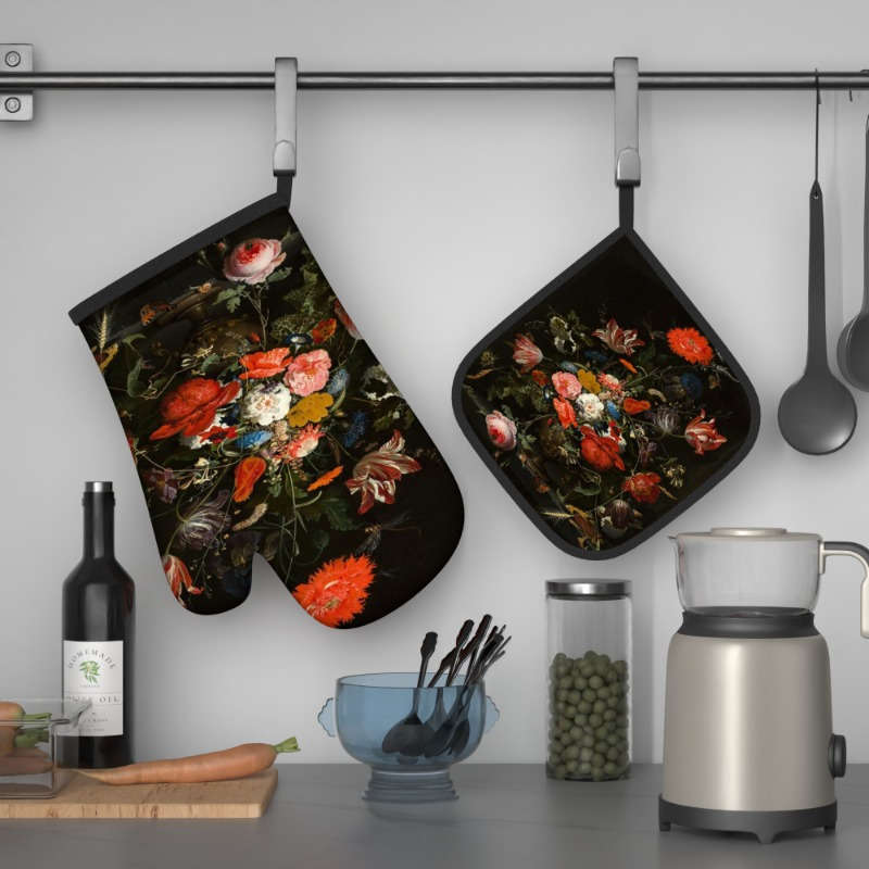 2pcs Floral Oven Mitts Pot Holders Heat Resistant Decorative Kitchen Gloves with Vibrant R