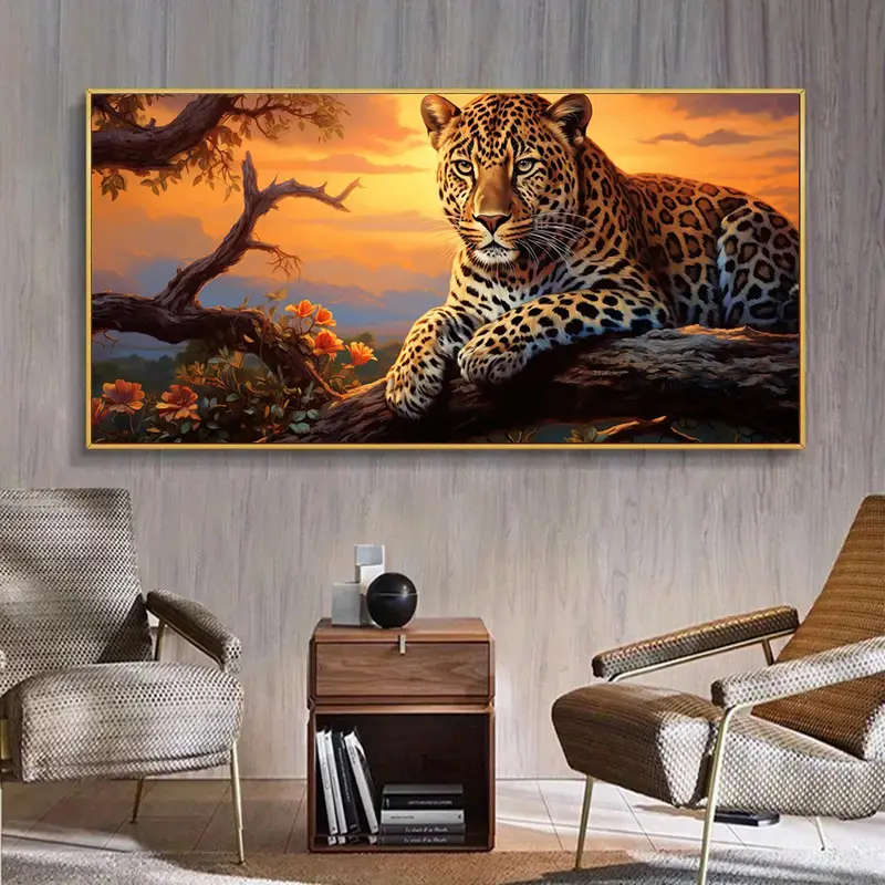 1pc Frameless Modern Abstract Canvas Painting Featuring a Sunset Leopard Design in Golden Suitable f
