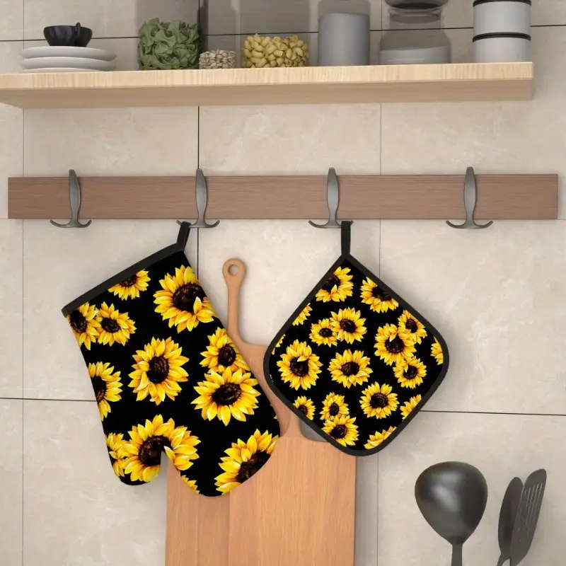 2pcs Sunflower Oven Mitt Set Heat Resistant Polyester Kitchen Gloves and Potholders Woven Machine Wa