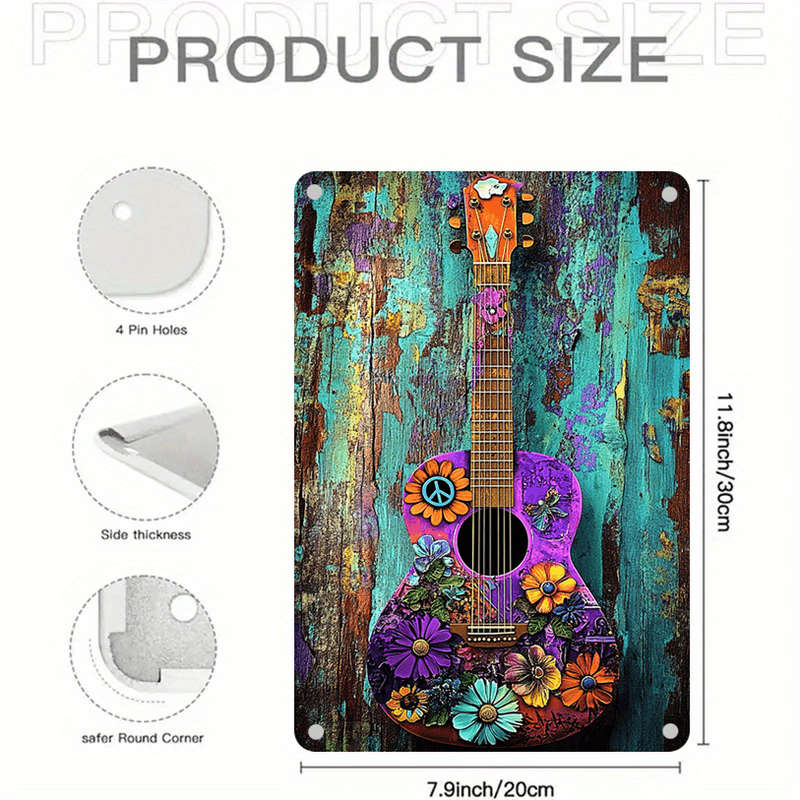 1pc  Vibrant Guitar Metal Wall Art Colorful Flowers Peace Sign Design Frameless Ideal for