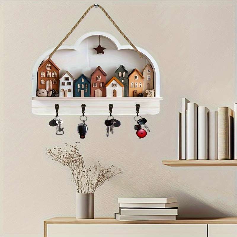 2D Flat 1pc Rural Town Simple and Colorful Wooden and Home Key Rack with Four Metal Hooks 30.0cm
