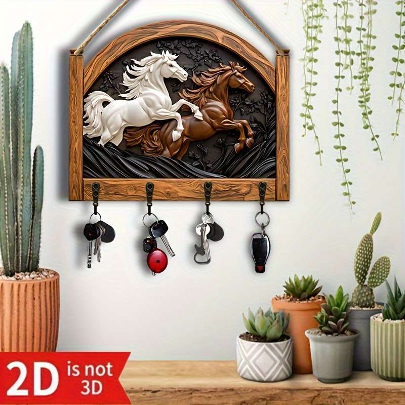 2D Flat 1pc Galloping Horse Simple Colorful Wooden Key Rack with Four Metal Hooks Wall Decoration