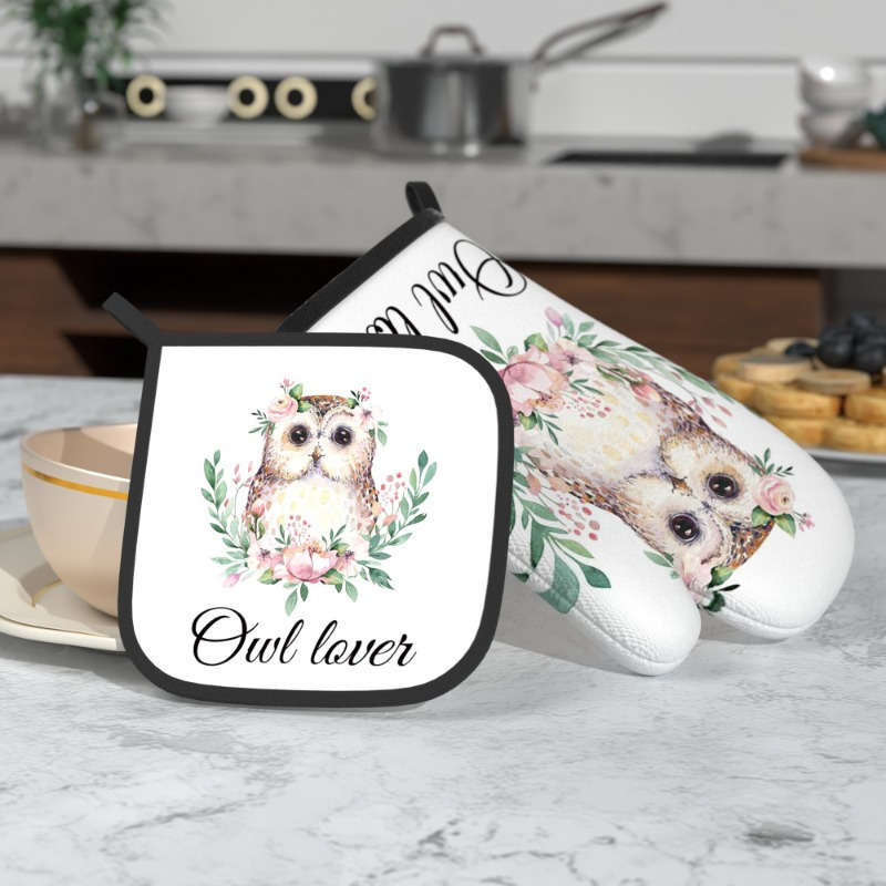 2pcs Set Owl Lover Themed Polyester Oven Mitts and Pot Holders 26.92x17.02 cm Heat Resistant