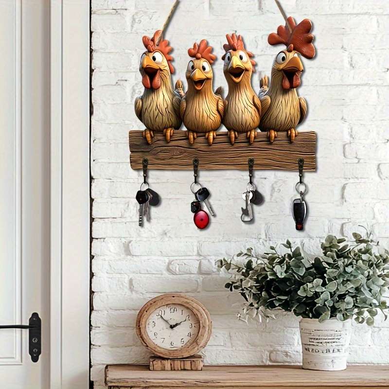 Charming Cartoon Hen Wooden Key Holder with 4 Metal HooksRustic Wall Art for Home Porch  Room D