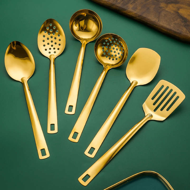 6pcs Gold-Plated Stainless Steel Kitchen Utensil Set Includes Soup Spoon Colander Frying Sh