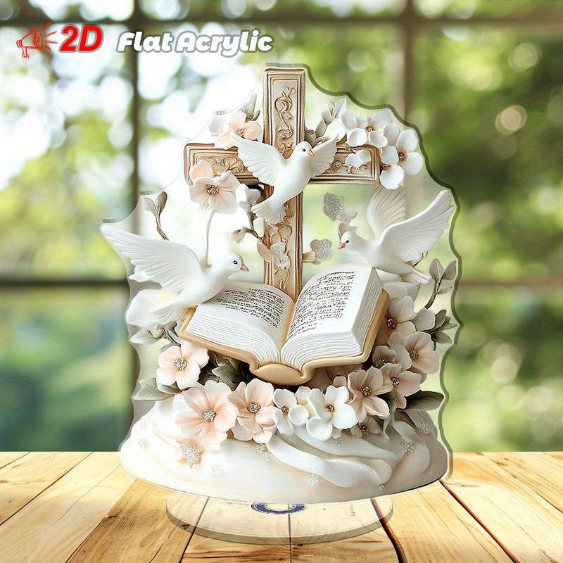 1pc 2D Flat  Acrylic 3D Cross Pendant with Doves Flowers and Open Bible Rotating Crystal Desktop