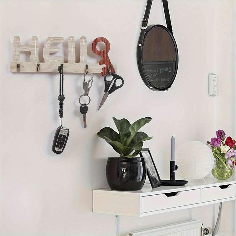 Handcrafted Rustic Wooden Key Holder with "Hello"  "Welcome" DesignWall-Mounted Natural Wood Fi