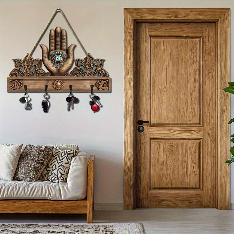 1pc Palm and All-Seeing Eye Simple and Colorful Wooden and Key Hook with Four Metal Hooks 30.0cm x