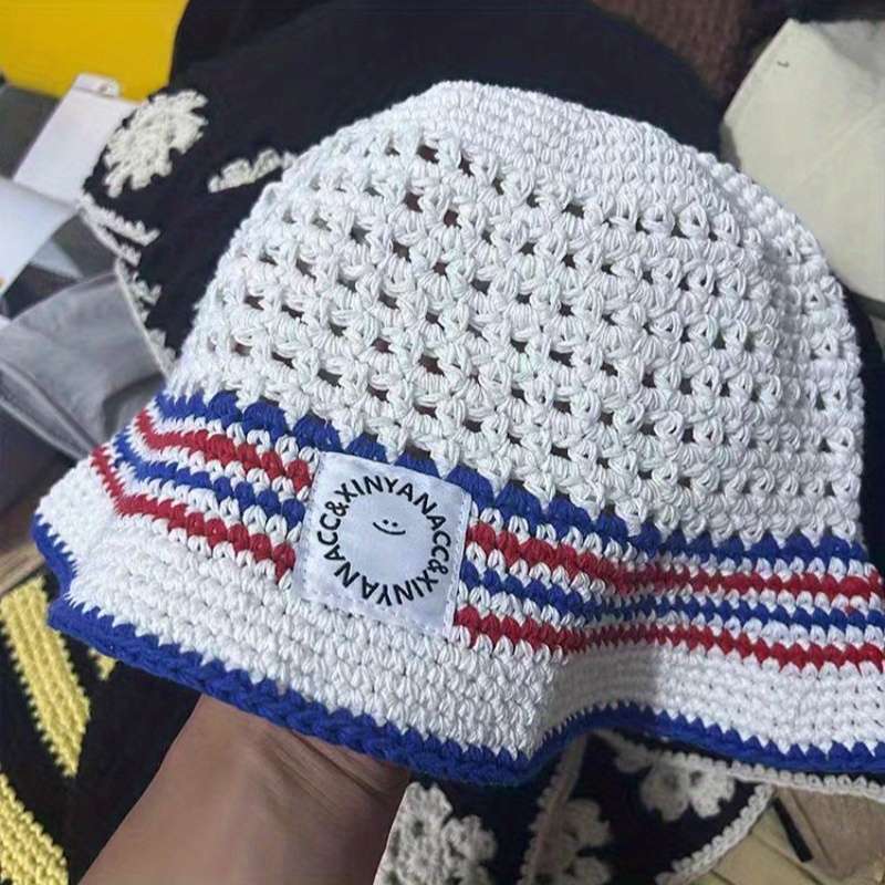 1pc Stylish Comfort Women's Breathable Knit Bucket Hat Stylish Striped Fisherman Cap with Sun P