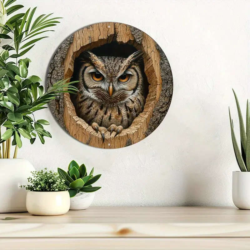 1pc Retro Owl-Themed Aluminum Wall Art 20.32x20.32cm Round Metal Sign Multi-Use Decor for Home Offic