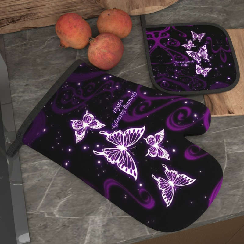 2pcs Purple Dream Butterfly Polyester Oven Mitts Heat Resistant Pot Holders Machine Washable