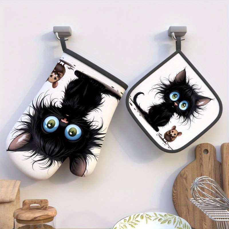 2pcs Heat-Resistant Oven Mitts Potholders Cute Black Kitten Brown Mouse Design 26.92x17.