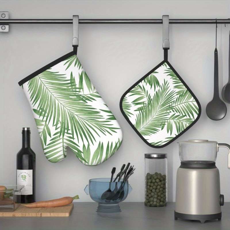2pcs Summer Green Leaves Oven Mitts Pot Holders Set 26.92x17.02cm Heat Resistant Machine W