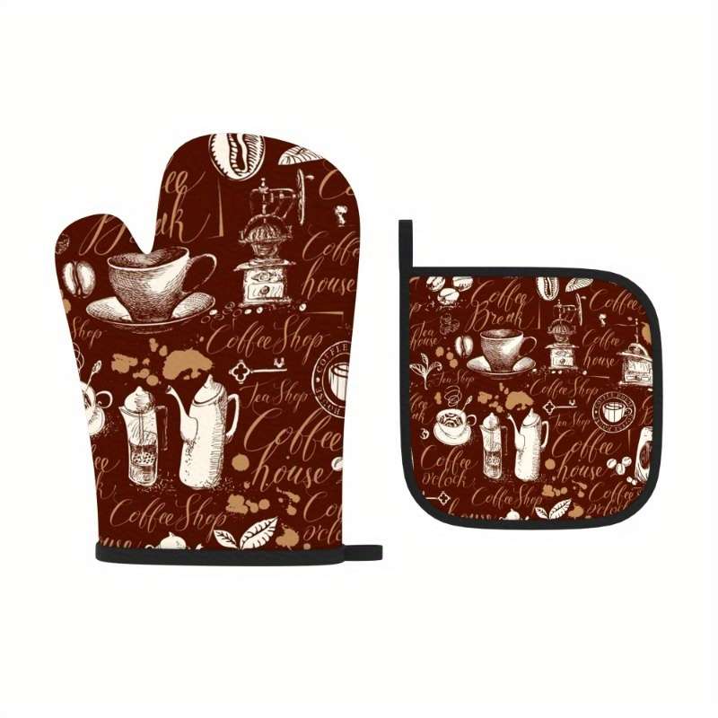 2pcs Vintage Coffee-Themed Heat-Resistant Oven Mitts Pot Holders 26.92x17.02 cm Brown with