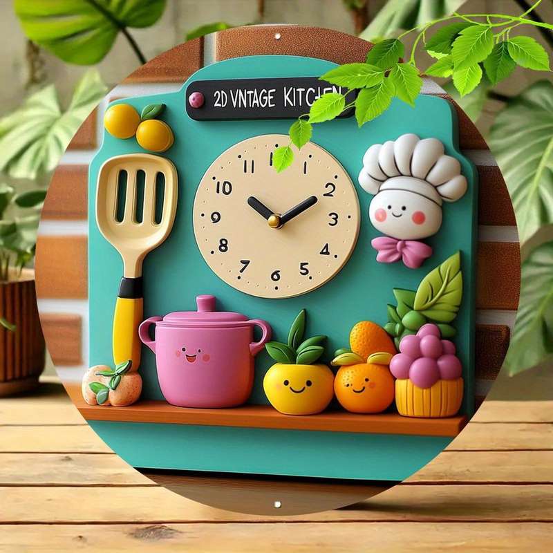 1pc 2D Retro Kitchen Wall Clock Vintage-Inspired Aluminum Decor with Playful Kitchen Not real clock