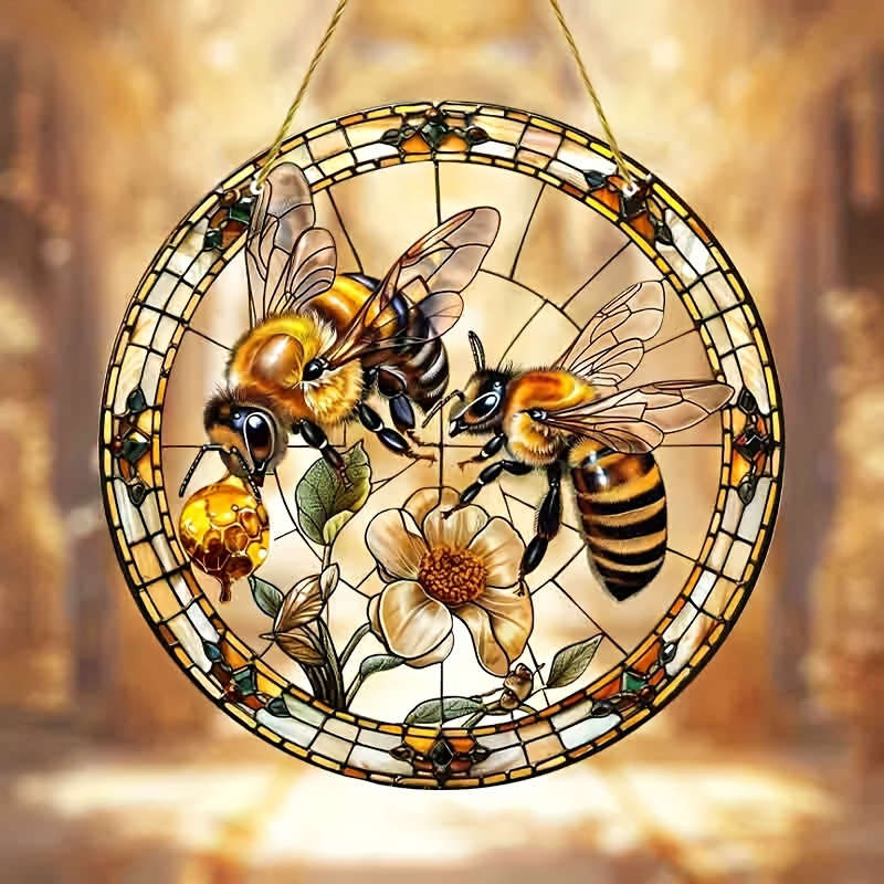 1pc 2D Flat  20.32cm Acrylic Bee and Flower Stained Glass-Style Suncatcher Vibrant Wall Hanging D