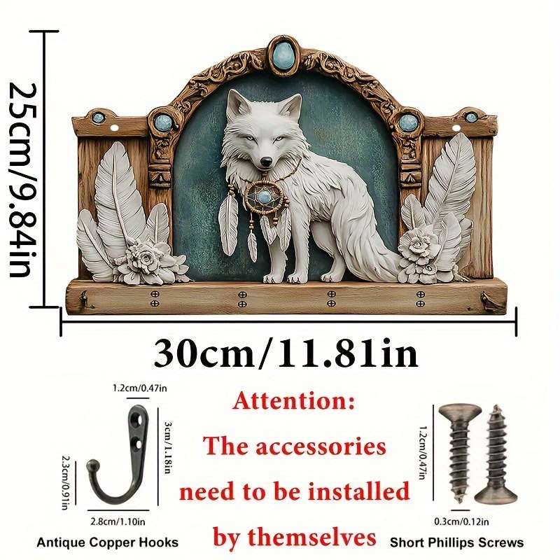 1pc 2D Flat Wolf and Dream Catcher Simple Colorful Wooden and Household Key Hook with Four Metal