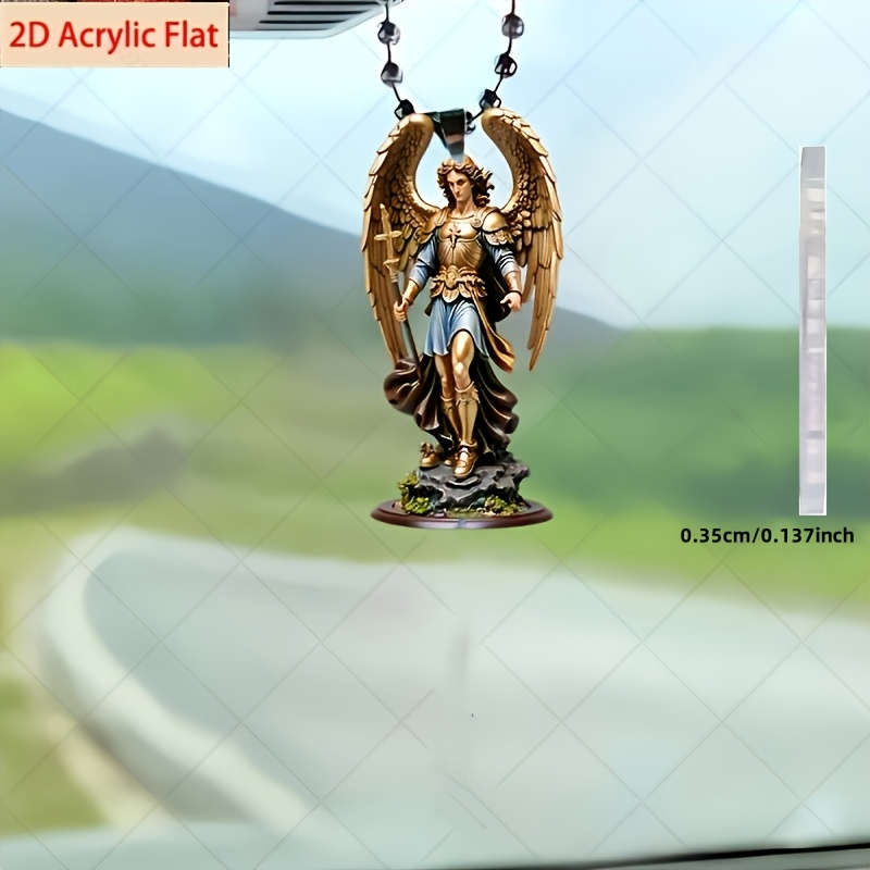1pc 2D Flat  Acrylic Archangel Michael Pendant Detailed Angel Statue with Blue Tassel Christian R