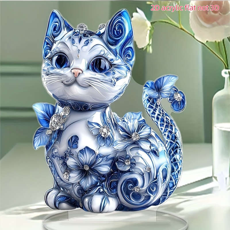 1pc 2D Flat   Bohemian-StylePrinted Acrylic Cat Figurine with Blue Floral Gemstone Ac