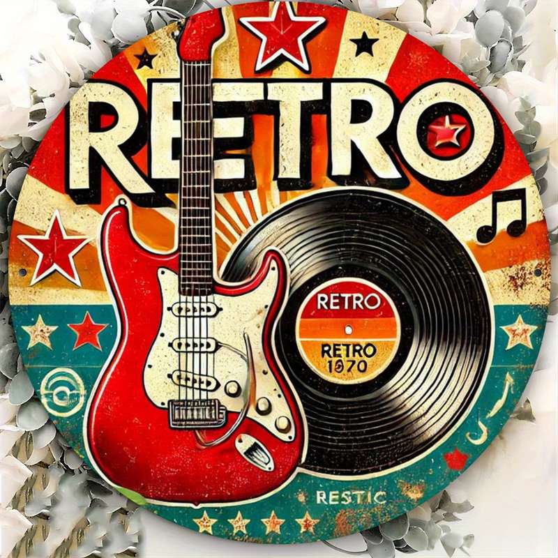 1pc Vintage Guitar and Vinyl Record Design 19.81 cm Round Iron Wreath Sign Vintage Style Wall Dec