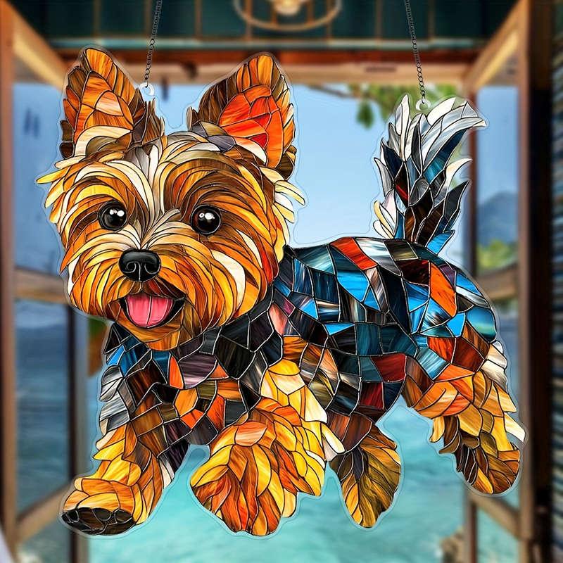 1pc 2D Flat  Printing 8" x 8" Acrylic Dog Ornament Colorful Yorkie Design Durable Wall Art for Wi