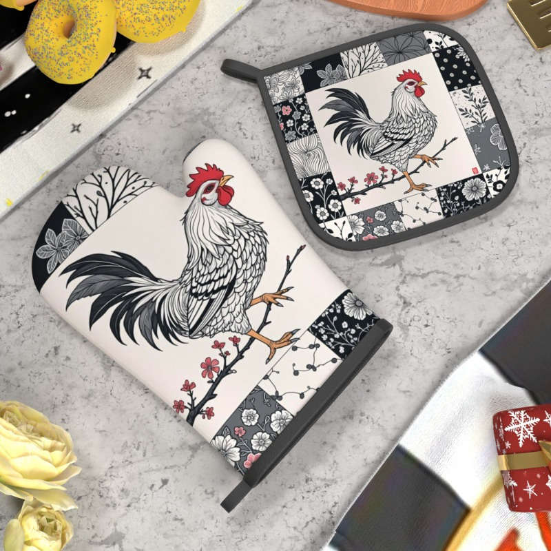 2pcs Rooster Plum Blossom Heat-Resistant Oven Mitts Floral Chinese Design 26.92x17.02 cm