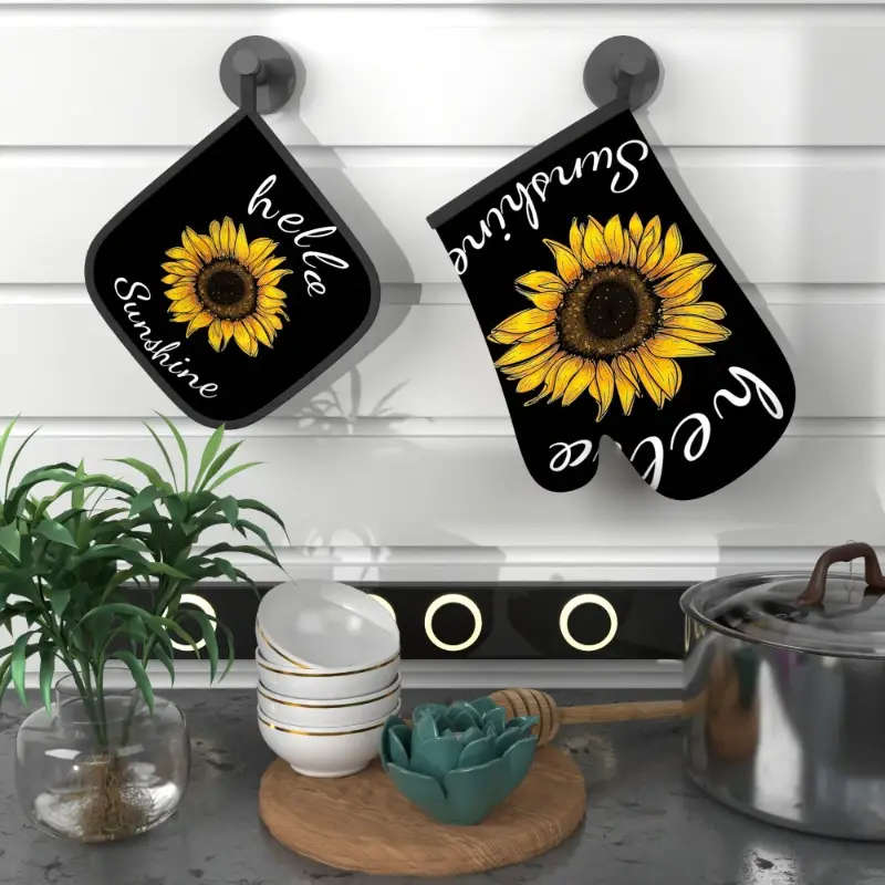 2pcs Sunflower Heat-Resistant Oven Mitts and Potholders Set 26.92*17.02 cm Polyester Machine Washabl