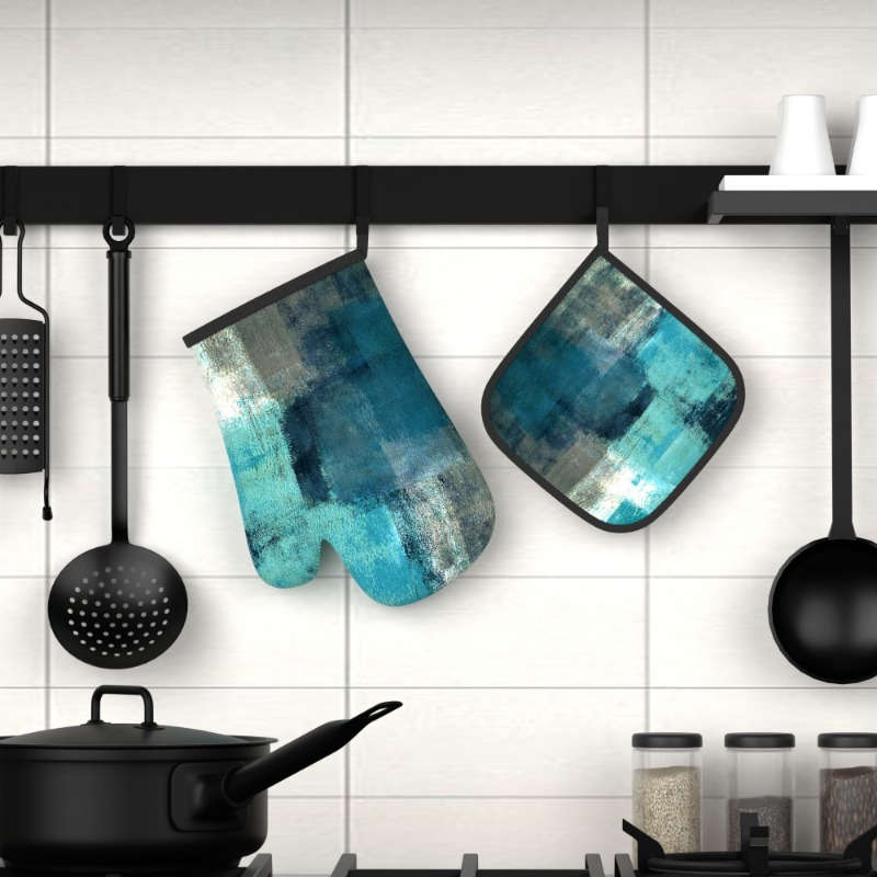 2pcs Heat-Resistant Oven Mitts Pot Holders 26.92x17.02 cm Blurred Blue White Pattern Dur