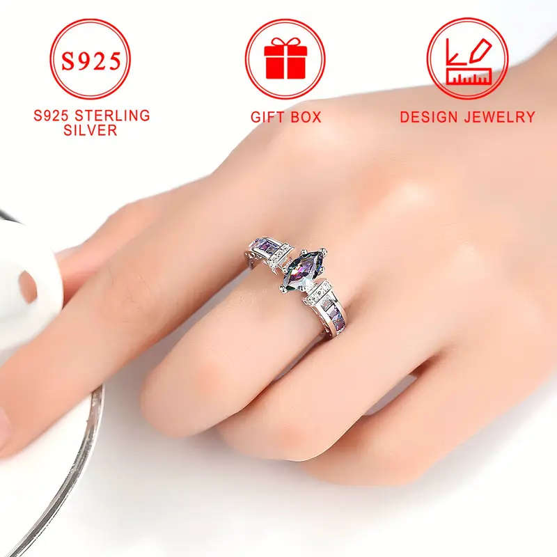Colored Synthetic Zirconia Ring in Horse Eye Shape S925 Silver