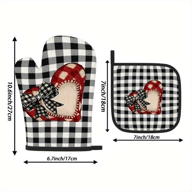 2pcs Valentine'S Day Romantic Plaid Love Oven Mitt Set 26.92x17.02 cm Heat Resistant Polyester