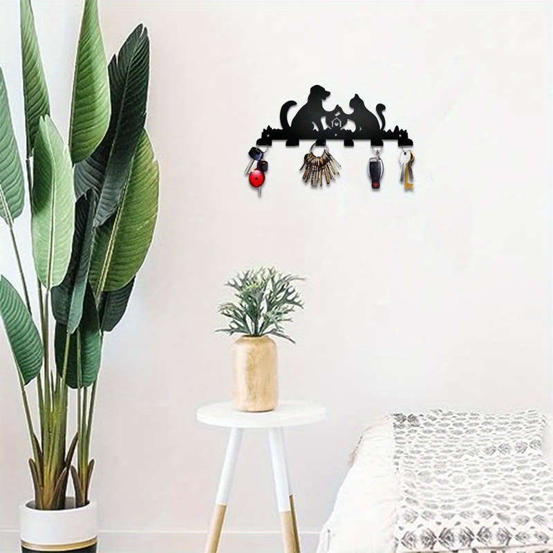 1pc Whimsical Cat  Dog Metal Wall Hook RackContemporary Black Silhouette Design with 6 Hooks for