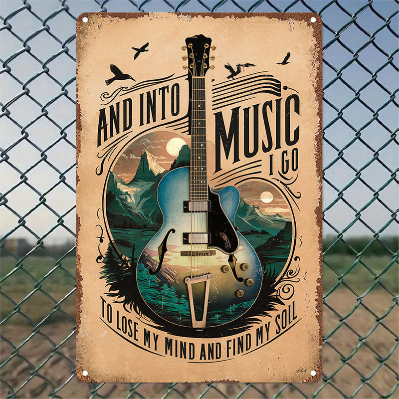 1pc  Vintage Guitar-Themed Aluminum Metal Sign Wall Art And Into Music I Go Lyrics Decorative