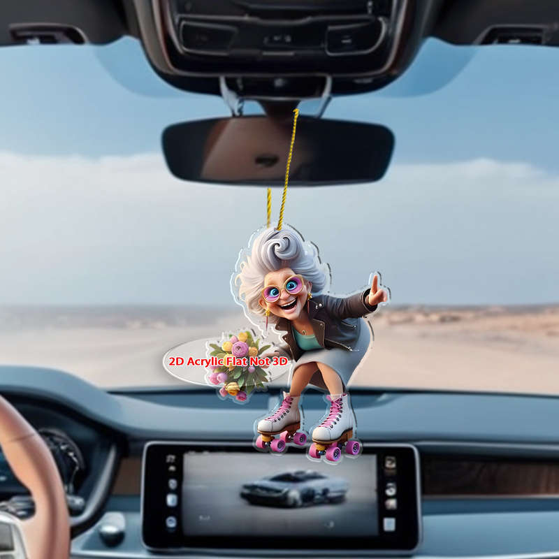 1pc 2D Flat   Vibrant  Acrylic Skateboarding Grandma Car Pendant Colorful Sports-Themed Key