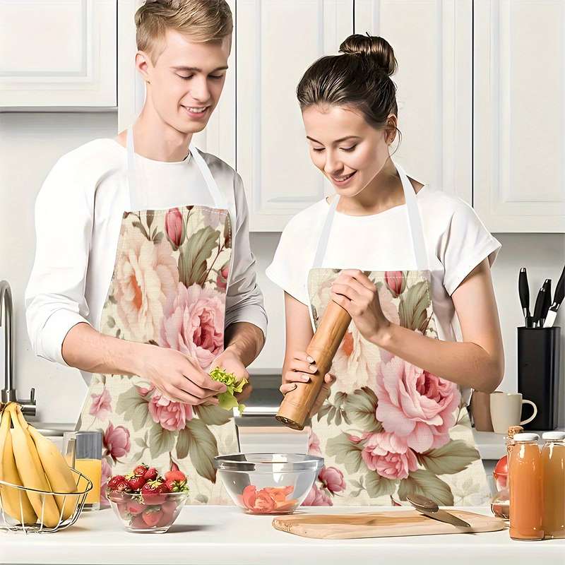 1pc Elegant Floral Linen Apron Peony Blossom Print Lightweight Durable for Cooking Baki