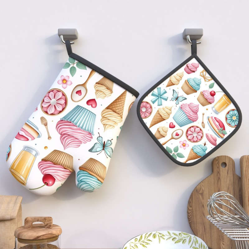 2pcs Colorful Dessert Butterfly Design Heat-Resistant Oven Mitts 26.92x17.02 cm Polyester K