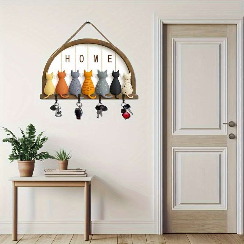 1pc Retro Simple Wooden Home Key Hanger 30.0cm X 24.99cm 2D Flat Wall Decoration with 4 Metal Ho