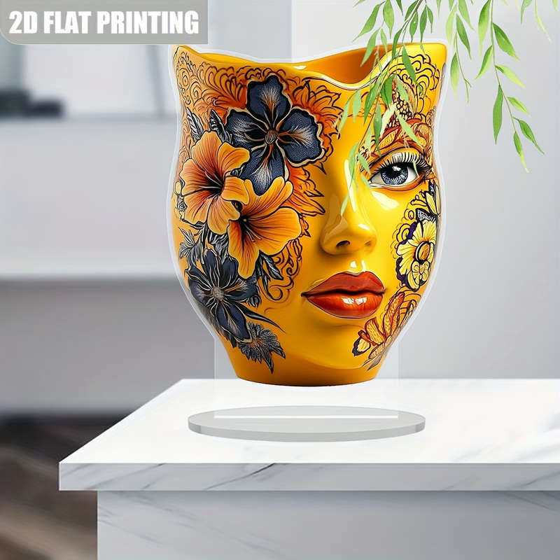 1pc 2D Flat  Bohemian Acrylic Vase with Intricate Floral Design 14.99 x 19.99 cm Vibrant Yellow