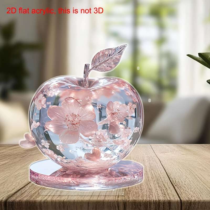 1pc 2D Flat  Acrylic Apple Decor with Pink Flowers Crystal Tabletop Ornament for Bedroom Living R